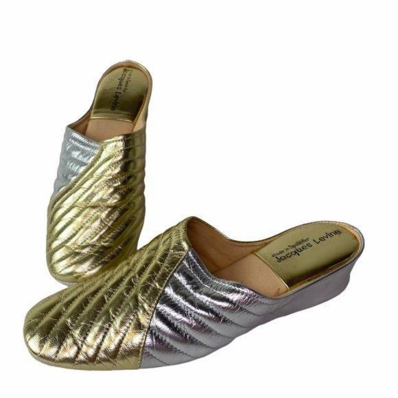 Vintage Shoes - Vintage Jacques Levine Lame Leather Slippers Gold